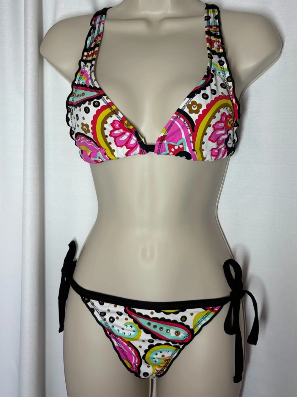 Cosita Linda Bikini 2 Pc Boho Paisley Rhinestone Embellished Ruffle Retro Y2K S - Picture 2 of 11
